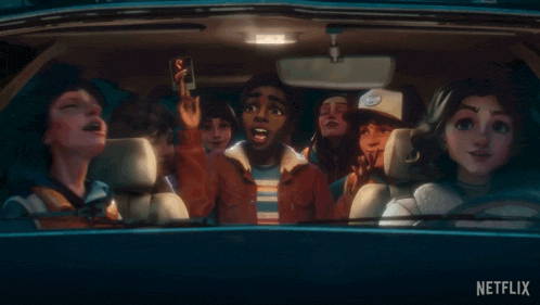 a group of people sitting in a car with netflix written on the bottom
