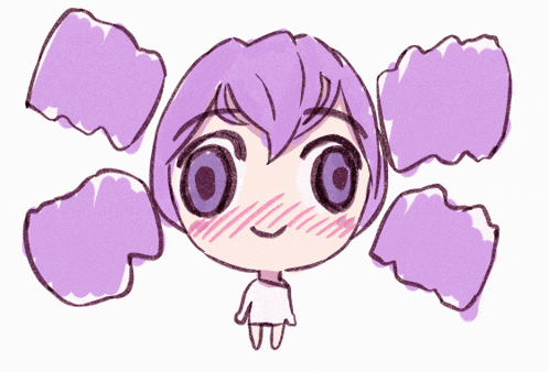 a drawing of a girl with purple hair and hearts around her head
