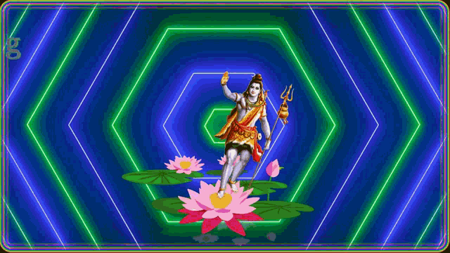 a good morning greeting card with a statue of shiva on a lotus flower .