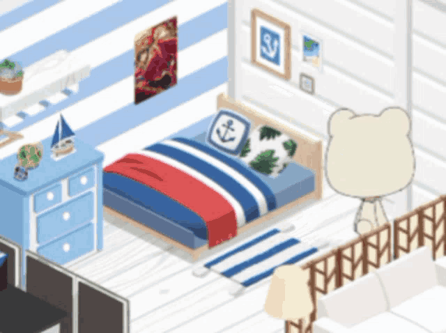 a bedroom with a bed a dresser and a bear