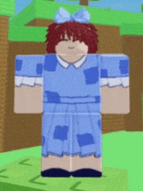 a cartoon character wearing a blue dress and a blue bow