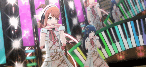 two anime girls are standing in front of a piano keyboard .