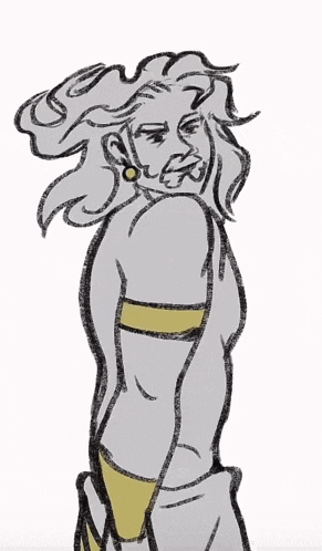 a drawing of a man with long hair and a yellow band around his arm