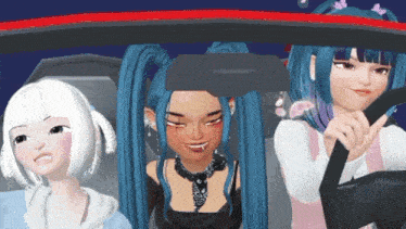three anime girls are sitting in a car and one of them is wearing a black top