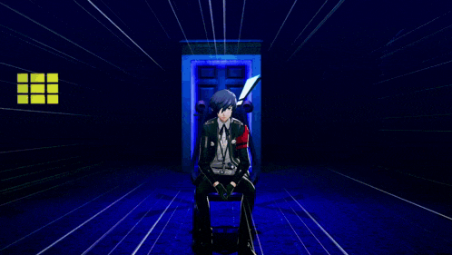 a man with a s on his arm is standing in front of a door