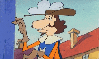 a cartoon character wearing a hat and gloves is looking out a window .