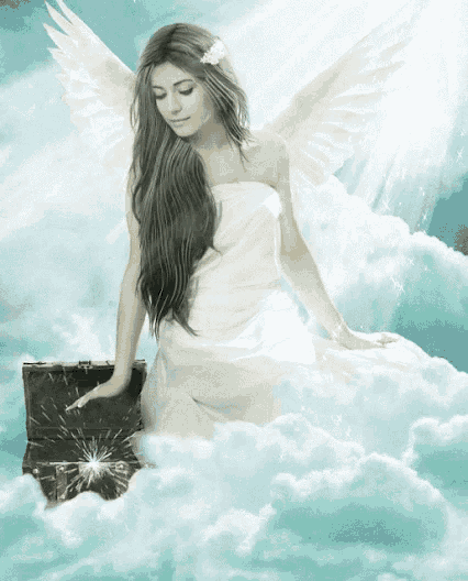 a woman with angel wings is sitting on a chest in the clouds