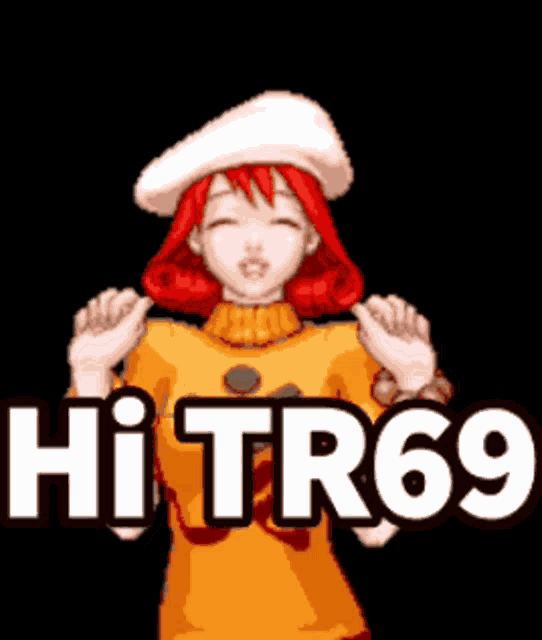 a girl with red hair is wearing a white hat and a yellow shirt with the words hi tr69 written on it