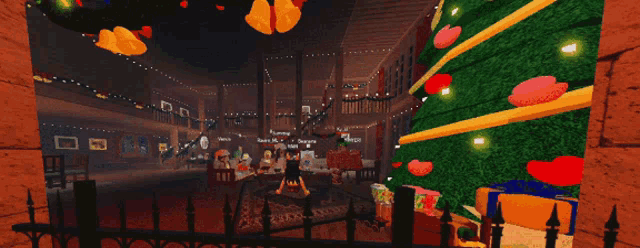 a video game scene with a christmas tree and people talking
