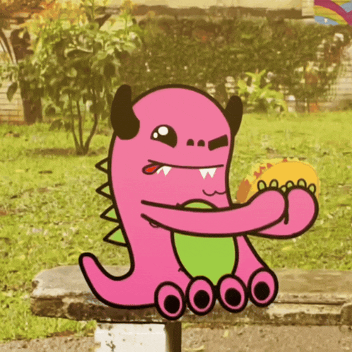 a cartoon of a pink and green monster holding a taco