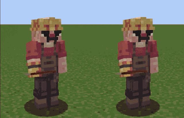 two minecraft characters are standing next to each other in a field