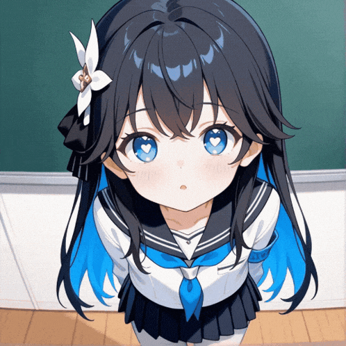 a girl with blue hair and a flower in her hair is wearing a school uniform