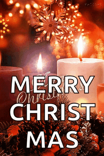 a merry christmas greeting with candles and decorations