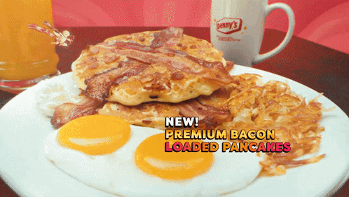 Dennys Premium Bacon Loaded Pancakes GIF - Dennys Premium Bacon Loaded Pancakes Breakfast GIFs