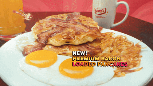 a white plate with eggs bacon and hash browns with the words new premium bacon loaded pancakes above it