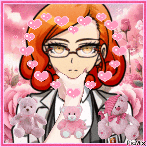 a picture of a woman surrounded by pink teddy bears and hearts with picmix written on the bottom