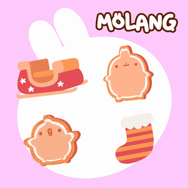 the word molang is on a pink background with gingerbread cookies