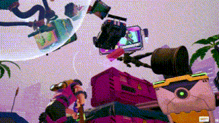 a video game screen shows a bunch of boxes flying around