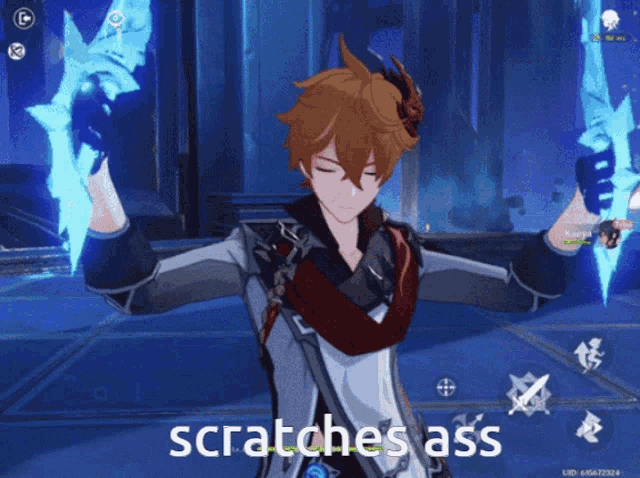 a video game character says scratches ass while holding two swords