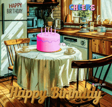 a happy birthday greeting card with a cake on a table