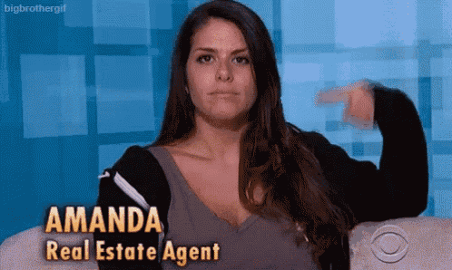 a woman is sitting on a couch with the name amanda real estate agent