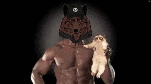 a shirtless man holding a grumpy cat with a bear head