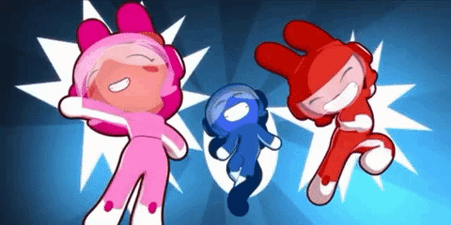 three cartoon characters are standing next to each other on a blue background .