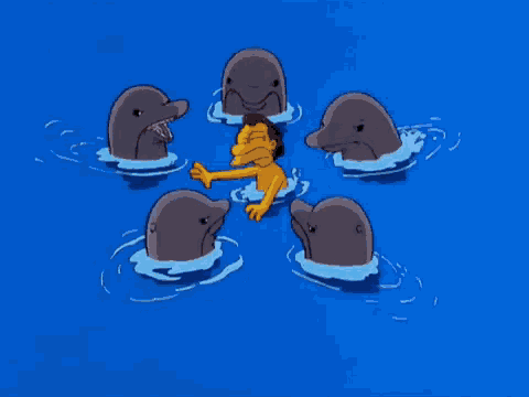 a man is surrounded by dolphins in the ocean