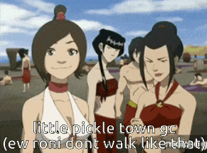 a group of cartoon characters standing on a beach with the caption little pickle town go ew roni don t walk like that