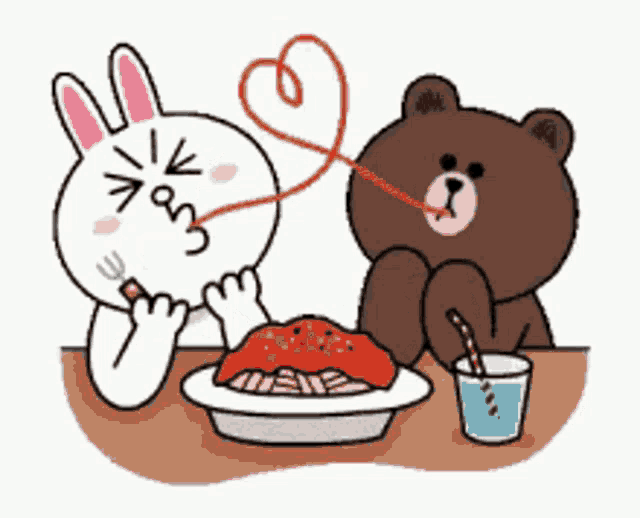 a brown bear and a white rabbit are eating spaghetti