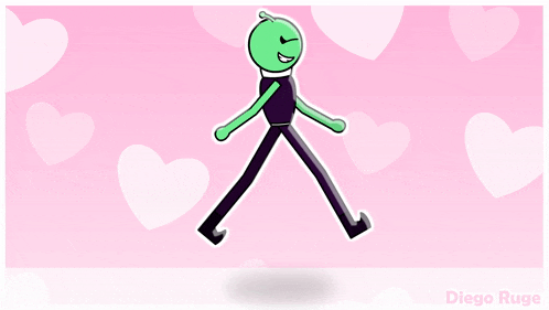 a cartoon character is walking on a pink background