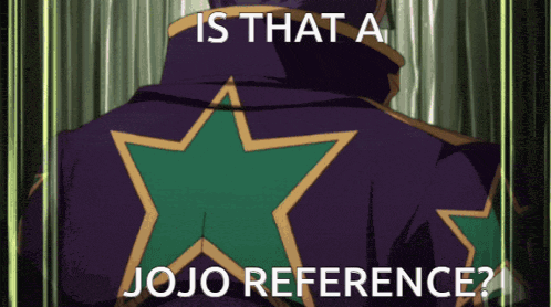 a picture of a person with a green star on their back with the caption is that a jojo reference