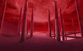 a computer generated image of a dark room with columns and a red sky