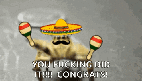 a spider wearing a sombrero and holding maracas says you fucking did it !!! congrats