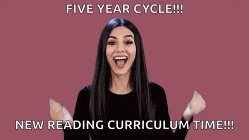 a woman is holding her fist in the air with the words five year cycle new reading curriculum time