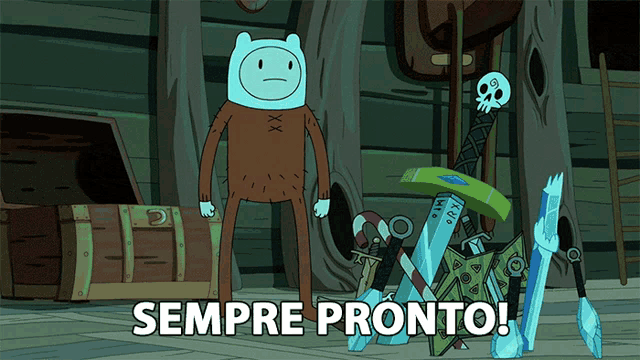 a cartoon character says sempre pronto in front of a chest