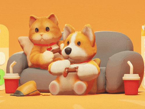 a cat and a dog are playing video games on a couch
