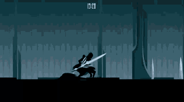 a silhouette of a person holding a sword in a video game with a time of 13:20 .