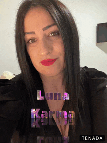 a woman 's face is displayed with the words luna karma above her