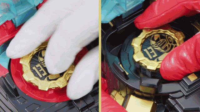 a person wearing red gloves is playing with a toy that has the letter h on it