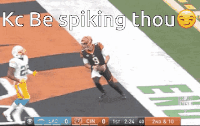 kc be spiking thou is written on a football field