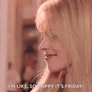a woman is smiling and saying i 'm like so happy it 's friday .