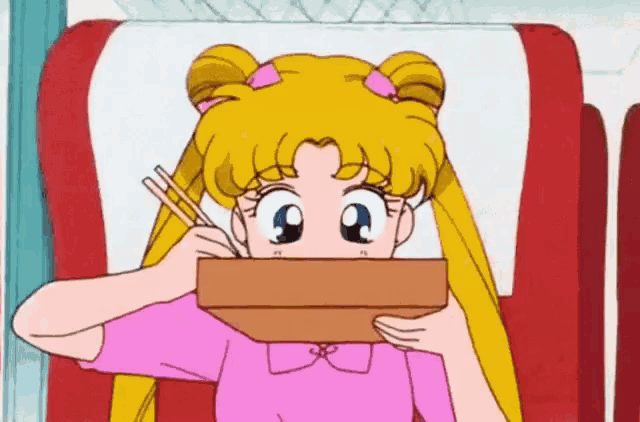 a cartoon girl is eating noodles with chopsticks from a box .