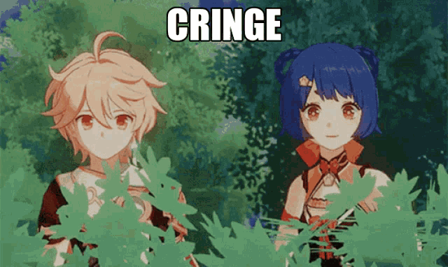 a couple of anime characters standing next to each other with the words cringe above them