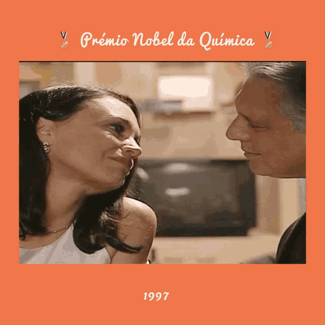 a man and a woman are looking at each other and the year 1997 is on the bottom