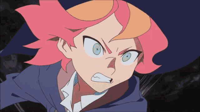 a girl with pink hair and green eyes is looking at the camera