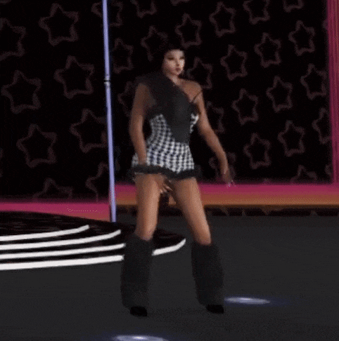 a woman in a black and white dress is dancing on a pole in a video game .
