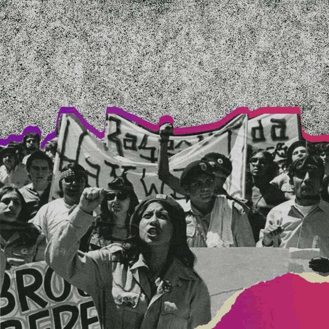 a black and white photo of a protest with a woman holding a sign that says " rio "
