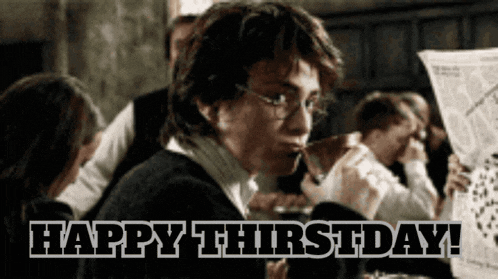 harry potter is reading a newspaper with the words happy thursday written below him