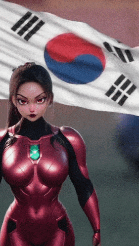 a woman in a red suit stands in front of a flag